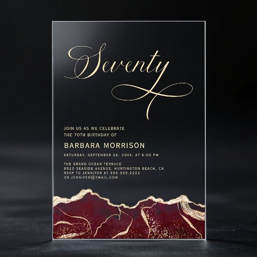 Bourgondië Gold Agate 70e 70e verjaardagsfeest Acryl Uitnodigingen