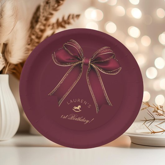 Bourgondië Gold Bow Rocking Horse Luxe Verjaardag Papieren Bordje