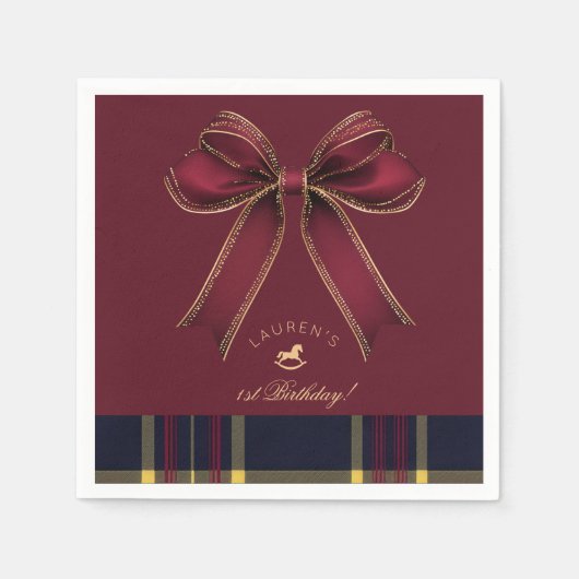 Bourgondië Gold Bow Rocking Horse Luxe Verjaardag Servet (Voorkant)