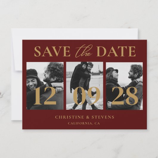 Bourgondië & Gold Script Wedding Bewaar de datum Kaart (Voorkant)