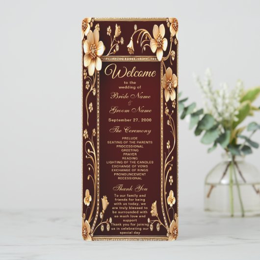 Bourgondië Golden Flowers huwelijksprogramma Programmakaart (Staand voorkant)