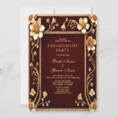 Bourgondië Golden Flowers Verloving Invitation Kaart (Voorkant)