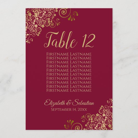 Bourgondië & Goud 10 Naam Trouwstoel Grafiek Kaart (Voorkant)