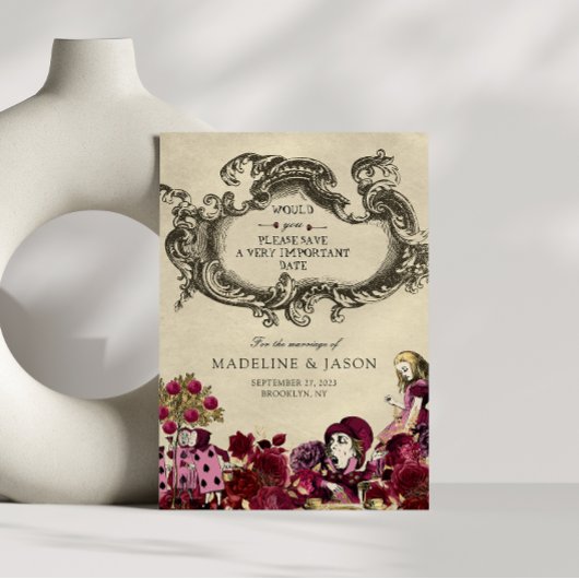 Bourgondië Goud Alice in Wonderland Trouwen Save The Date