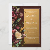 Bourgondië & Goud Bloemen Moderne Bruiloft Kaart (Voorkant)