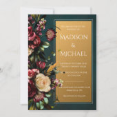 Bourgondië & Goud Bloemen Moderne Bruiloft uitnodi Kaart (Voorkant)