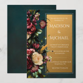 Bourgondië & Goud Bloemen Moderne Bruiloft uitnodi Kaart (Voorkant / Achterkant)