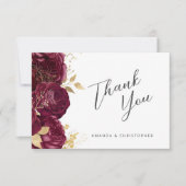 Bourgondië Goud Bloemen Script Bruiloft Flat Dank Kaart (Voorkant)