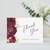 Bourgondië Goud Bloemen Script Bruiloft Flat Dank Kaart (Staand voorkant)