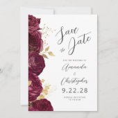Bourgondië Goud Bloemen Script Save the Date Aankondiging (Voorkant)