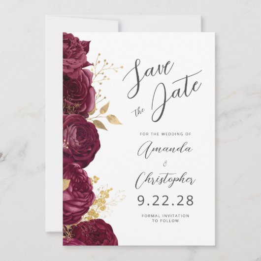 Bourgondië Goud Bloemen Script Save the Date Aankondiging (Voorkant)