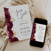 Bourgondië Goud Bloemen Script Save the Date Aankondiging