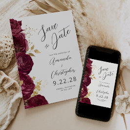 Bourgondië Goud Bloemen Script Save the Date Aankondiging