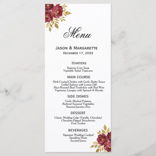Bourgondië Goud Elegante Bloemen Modern Eenvoudig Menu (Voorkant)