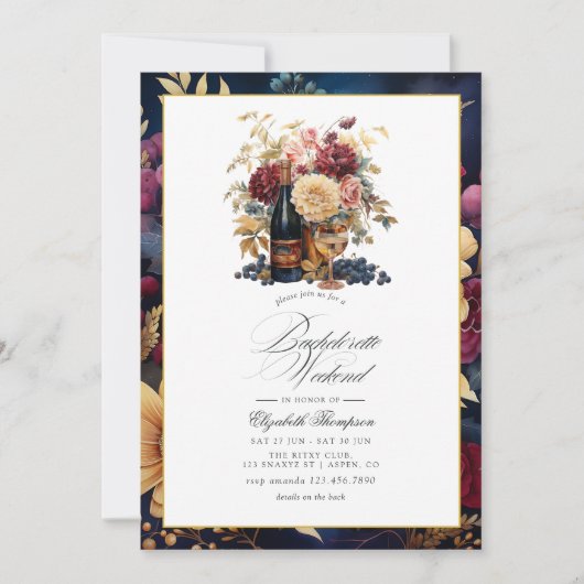 Bourgondië, goud en marine wijn Bachelorette Weeke Kaart (Voorkant)