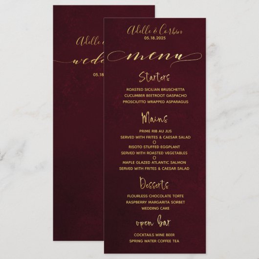 Bourgondië & Goud Fancy Cursieve Kalligrafie Menu (Voorkant / Achterkant)