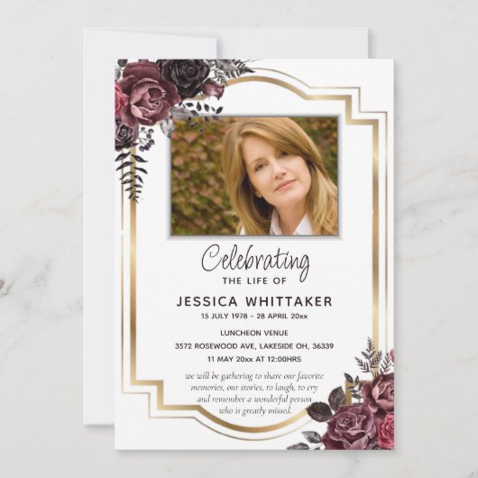 Bourgondië & Goud Foto Bloemen Viering van het Lev Kaart (Voorkant)