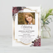 Bourgondië & Goud Foto Bloemen Viering van het Lev Kaart (Staand voorkant)