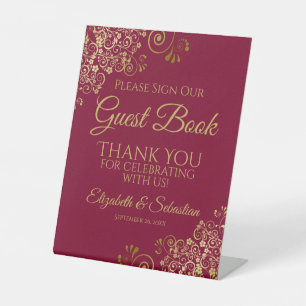 Bourgondië & Goud Gelieve ons gastenboek te tekene Reclamebord Met Voetstuk