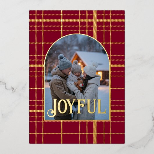 Bourgondië & Goud Geruit Kerstvakantie Foto Folie Feestdagenkaart (Voorkant)