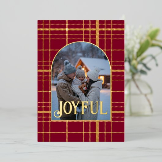 Bourgondië & Goud Geruit Kerstvakantie Foto Folie Feestdagenkaart (Staand Voorkant)