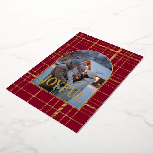 Bourgondië & Goud Geruit Kerstvakantie Foto Folie Feestdagenkaart (Gedraaid)