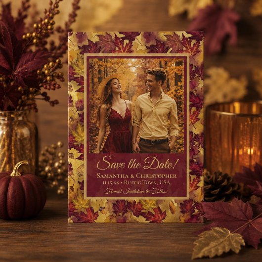 Bourgondië & Goud Herfstbladeren & Foto Bruiloft Save The Date