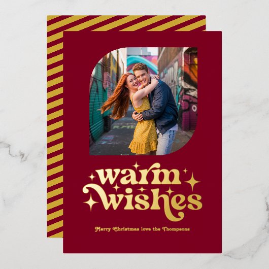 Bourgondië & Goud Moderne Retro Kerstfoto Folie Feestdagenkaart (Voorkant / Achterkant)