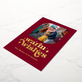 Bourgondië & Goud Moderne Retro Kerstfoto Folie Feestdagenkaart (Gedraaid)