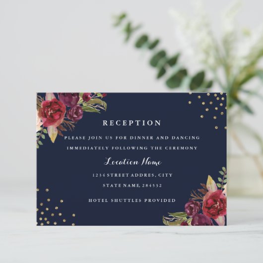 Bourgondië Goud Navy Bloemen Bruiloftsreceptiekaar Informatiekaartje (Staand voorkant)