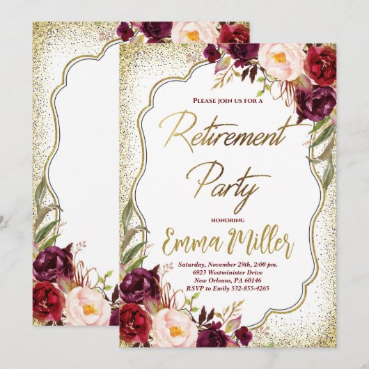 Bourgondië & Goud Pensioen Viering Kaart (Voorkant / Achterkant)