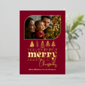 Bourgondië & Goud Retro Doodle Kerst Foto Folie Feestdagenkaart (Staand Voorkant)