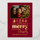 Bourgondië & Goud Retro Doodle Kerstfoto Folie Feestdagenkaart (Voorkant)