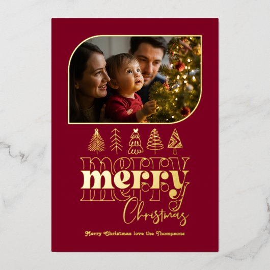 Bourgondië & Goud Retro Doodle Kerstfoto Folie Feestdagenkaart (Voorkant)