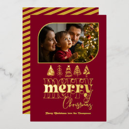 Bourgondië & Goud Retro Doodle Kerstfoto Folie Feestdagenkaart