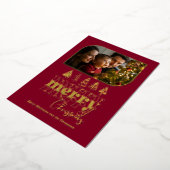 Bourgondië & Goud Retro Doodle Kerstfoto Folie Feestdagenkaart (Gedraaid)