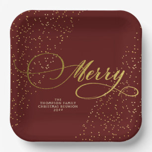 Bourgondië Goud Script Merry Bright Family Christm Papieren Bordje
