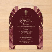 Bourgondië Gouden Agaat Doop Modern Elegant Acryl Uitnodigingen (Voorkant)