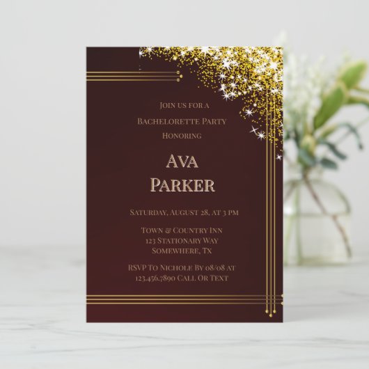 Bourgondië Gouden Bloei Glitter Bachelorette Party Kaart (Staand voorkant)