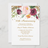 Bourgondië Gouden Bloem Glitter 50ste Verjaardag Kaart (Voorkant)