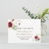 Bourgondië Gouden Bloemen Bruiloft Save The Date (Staand voorkant)