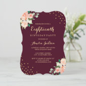 Bourgondië Gouden Bloemen Confetti 18e Verjaardags Kaart (Staand voorkant)
