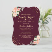 Bourgondië Gouden Bloemen Confetti 21ste Verjaarda Kaart (Staand voorkant)
