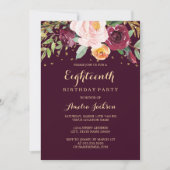 Bourgondië Gouden Bloemen Glitter 18e Verjaardagsf Kaart (Voorkant)