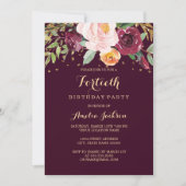 Bourgondië Gouden Bloemen Glitter 40e Verjaardagsf Kaart (Voorkant)