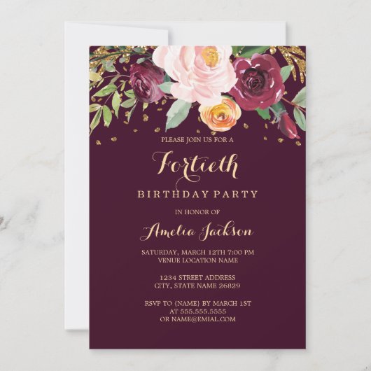 Bourgondië Gouden Bloemen Glitter 40e Verjaardagsf Kaart (Voorkant)