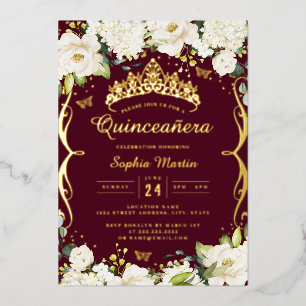 Bourgondië Gouden Champagne Bloemrijke Quinceanera Folie Uitnodiging
