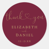 Bourgondië Gouden Hart Script Dank Je Trouw Favor Ronde Sticker (Voorkant)