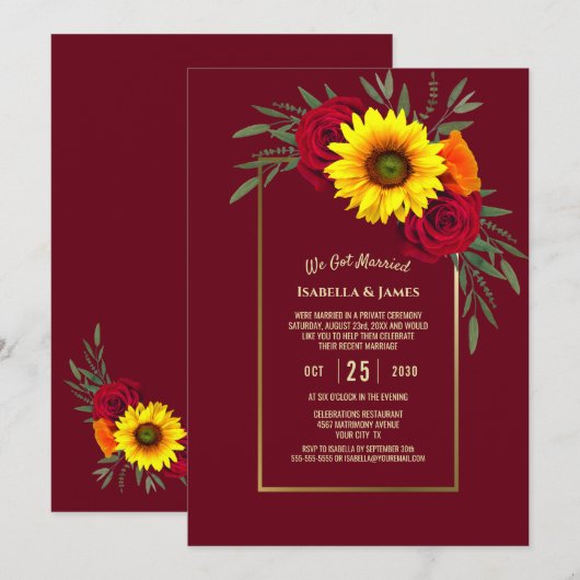 Bourgondië Gouden Zonnebloem Rode Roos Trouwrecept Kaart (Voorkant / Achterkant)