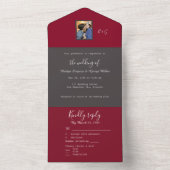 Bourgondië grijs minimaal fancy paar foto monogram all in one uitnodiging (Binnen)